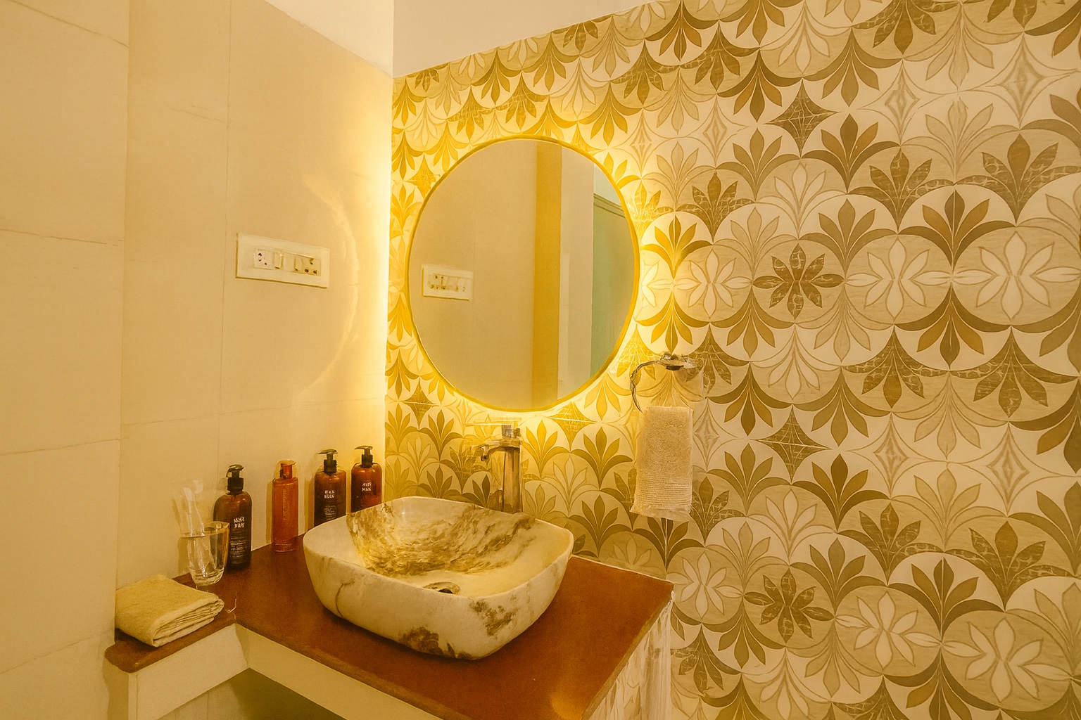 Boutique, Varanasi: stone vessel basin on a wooden counter, backlit round mirror on gold-patterned tiling, toiletries and folded towels alongside
