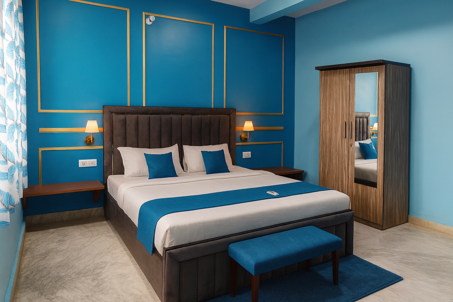Boutique, Varanasi: second teal room with brass wall lamps, mirrored wardrobe and a blue bench on marble flooring