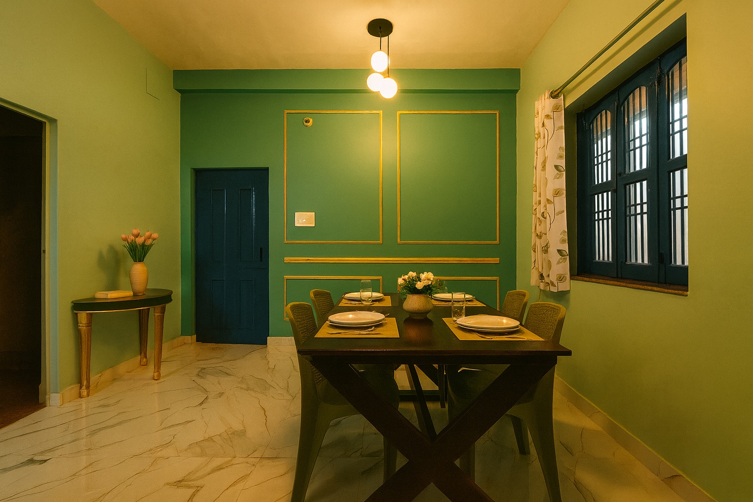 Boutique, Varanasi: green dining room laid for four with gold-lined panelling, a globe pendant light and a console table of tulips by the door
