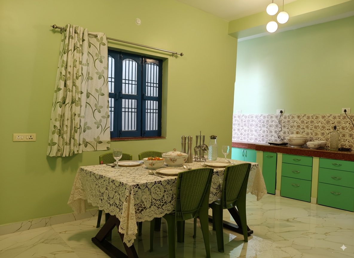 Boutique, Varanasi: lace-covered dining table set with tureens and glasses, green kitchen cabinets along the far wall under a floral-tiled splashback