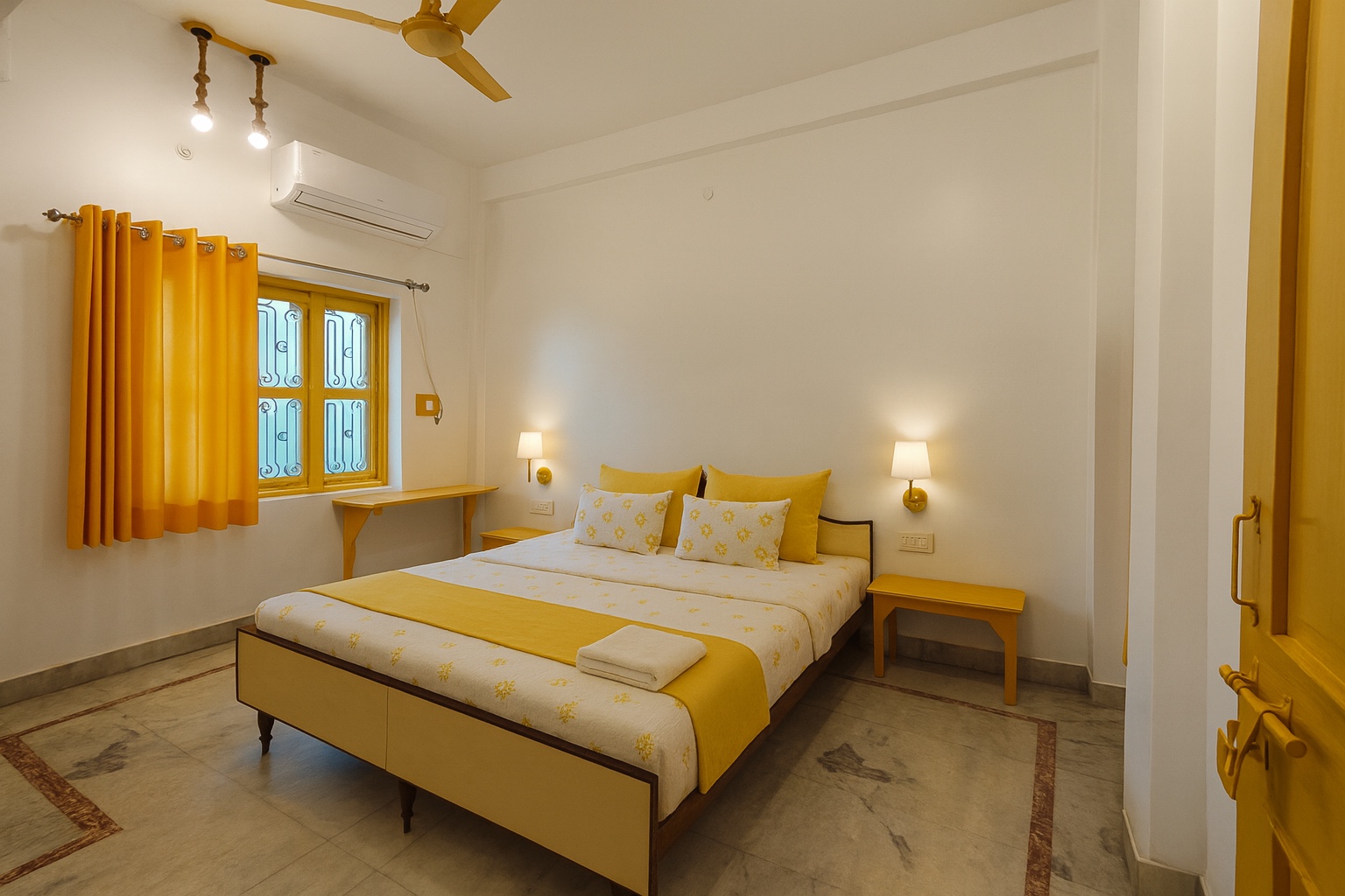 Minimilist, Varanasi: white bedroom with a double bed under a yellow-and-white block-print spread, saffron curtains at a barred window, two wall sconces and a marble floor with an inlaid border