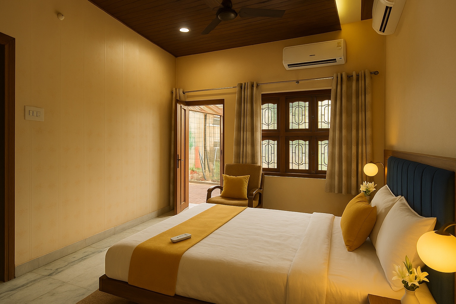 Pratham, Varanasi: double bed with an ochre runner facing a leaded-glass window, wooden ceiling with a fan, air conditioning and a door open to the screened verandah