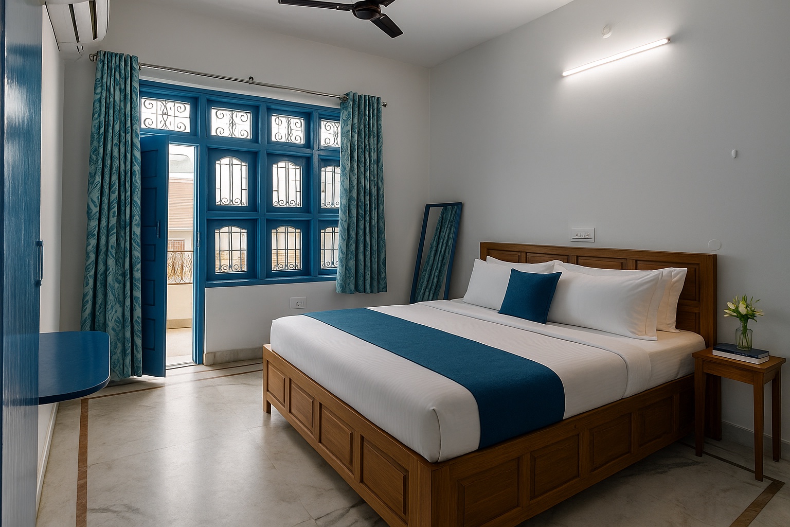 Santorini, Varanasi: teak bed dressed in white and blue beside a wall of blue-framed windows, standing mirror and a bedside table with books and tulips